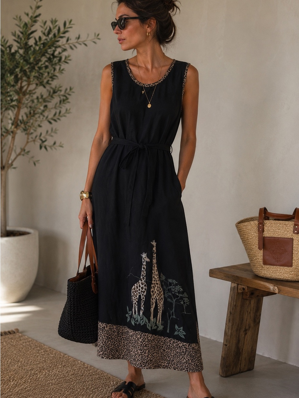 Dress Barn Black Linen Blend Giraffe Safari Maxi Dress Sleeveless